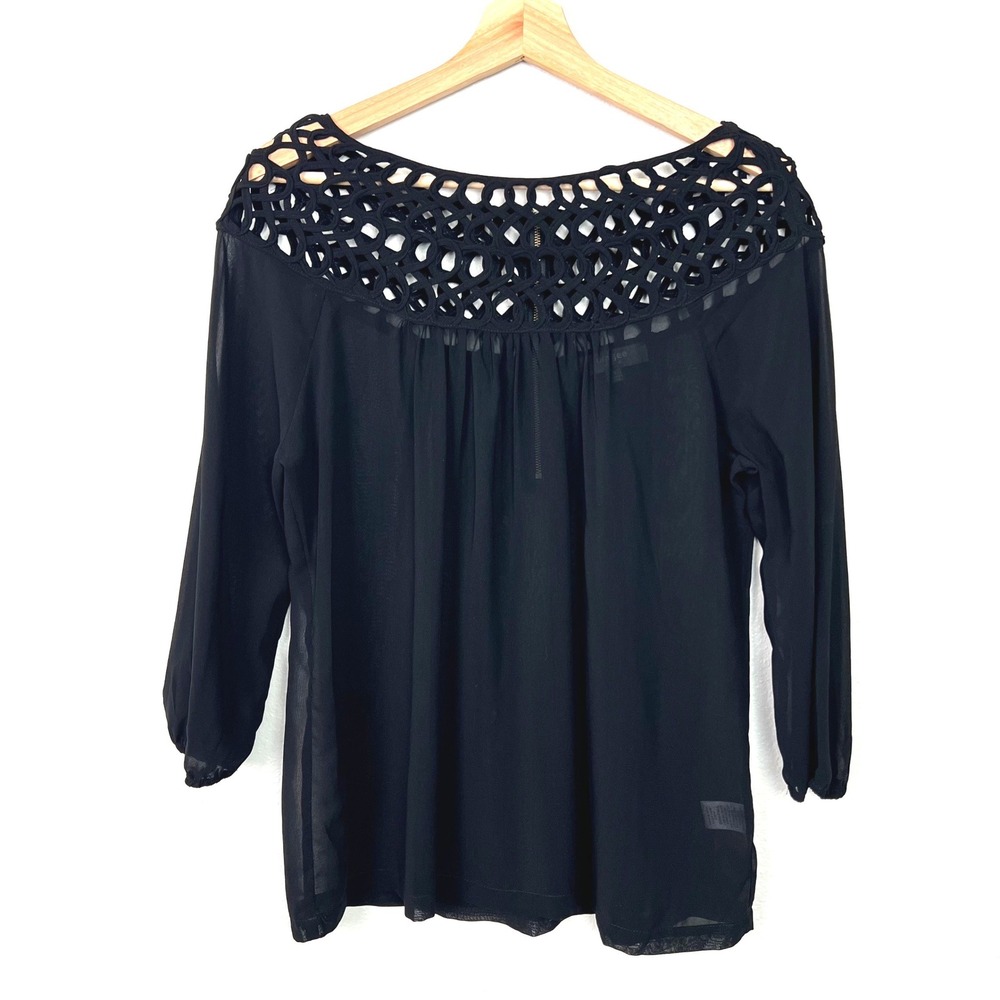 Umgee Black Lattice Crochet Neck Sheer 3/4‎ Sleeve Blouse Size Small Boho Top